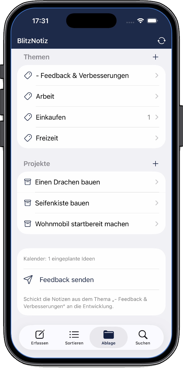 Bildschirmfoto: Ablage – Eigene Themen und Projekte halten alles Geordnete zusammen.