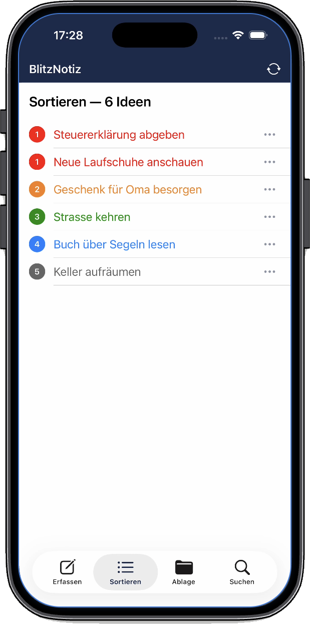 Bildschirmfoto: Sortieren – Die Inbox mit Prioritätsfarben; Zuordnen und Löschen direkt in der Zeile.